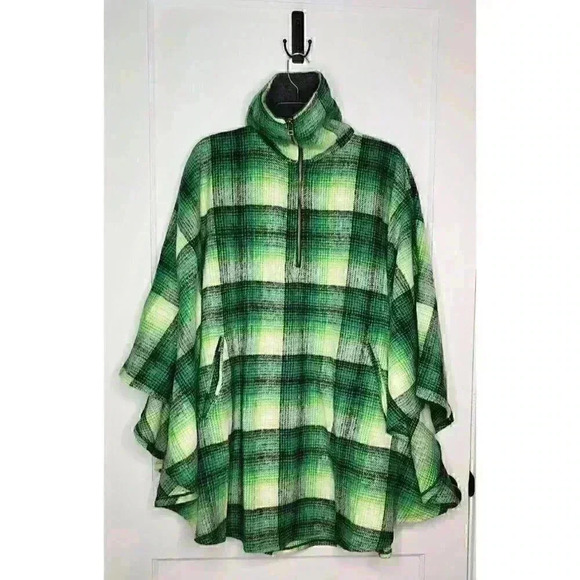 FREE PEOPLE Woodstock Brushed Plaid Poncho Cape Green/Blk One Size NEW $168 Boho - Picture 1 of 4